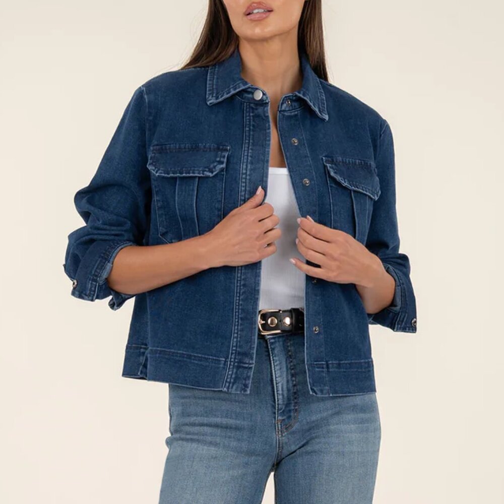 Kut from the Kloth Remy Jacket M Indigo Patch Flap Pockets Snap Front Long Sleev
